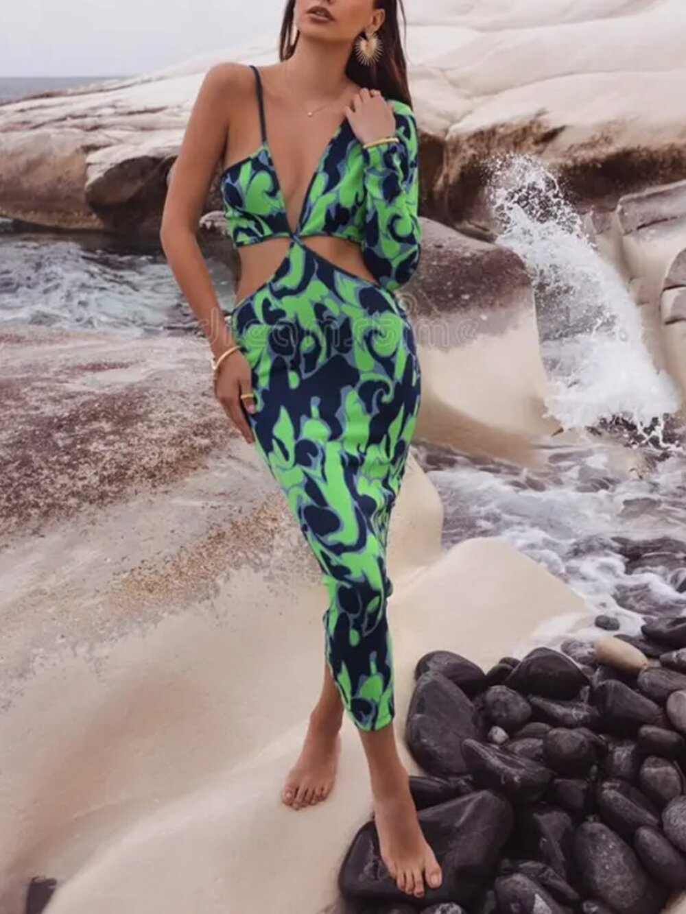 Zara Abstract Green Blue Asymmetric Cut Out Bodycon Dress Size S